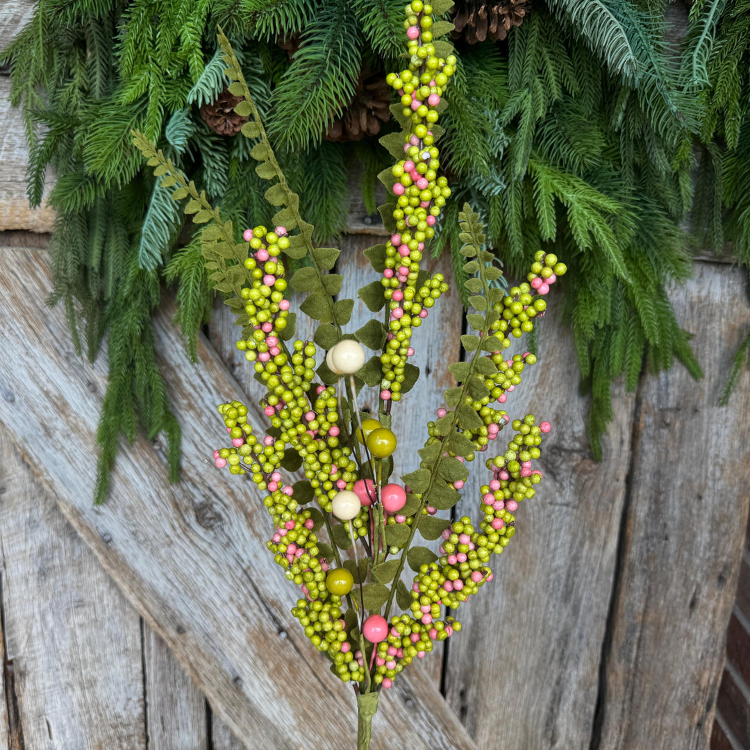 24" Green Pink Berry Spray, Spring Summer Berry Spray, Floral Spray