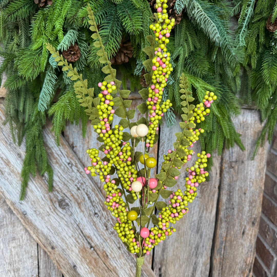 24" Green Pink Berry Spray, Spring Summer Berry Spray, Floral Spray
