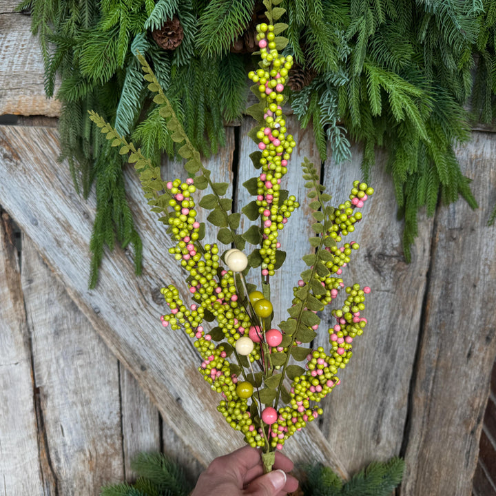 24" Green Pink Berry Spray, Spring Summer Berry Spray