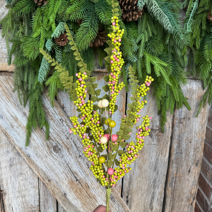 24" Green Pink Berry Spray, Spring Summer Berry Spray, Floral Spray