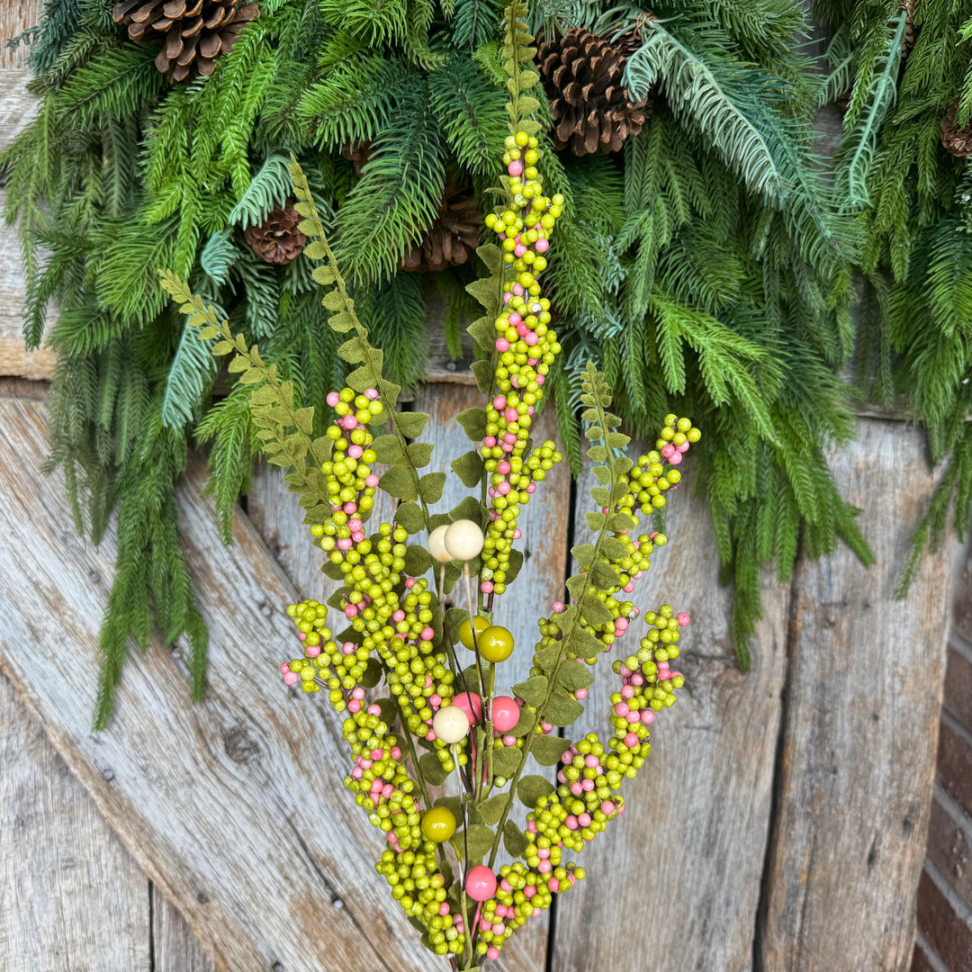 24" Green Pink Berry Spray, Spring Summer Berry Spray