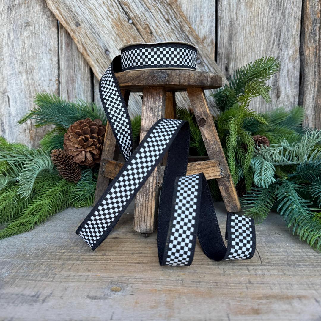 1" Black White Check Ribbon