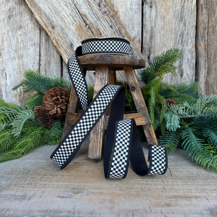 1" Black White Check Ribbon
