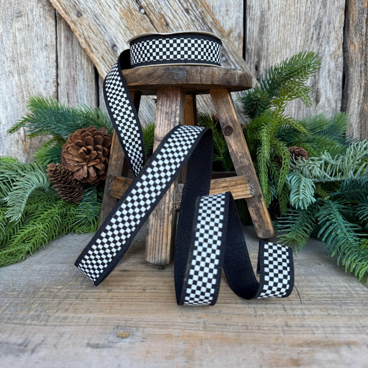 1" Black White Check Ribbon