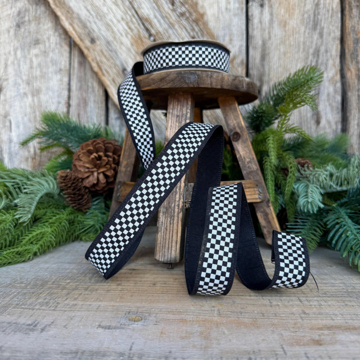 1" Black White Check Ribbon