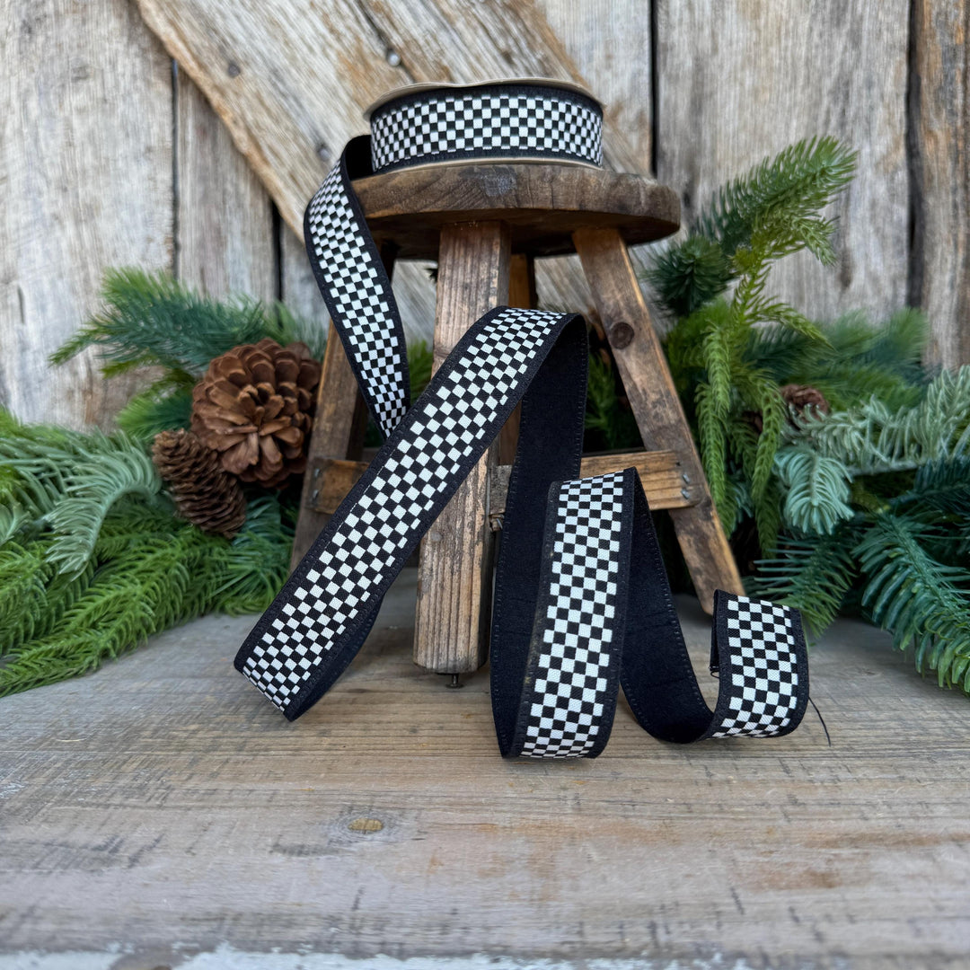 1" Black White Check Ribbon