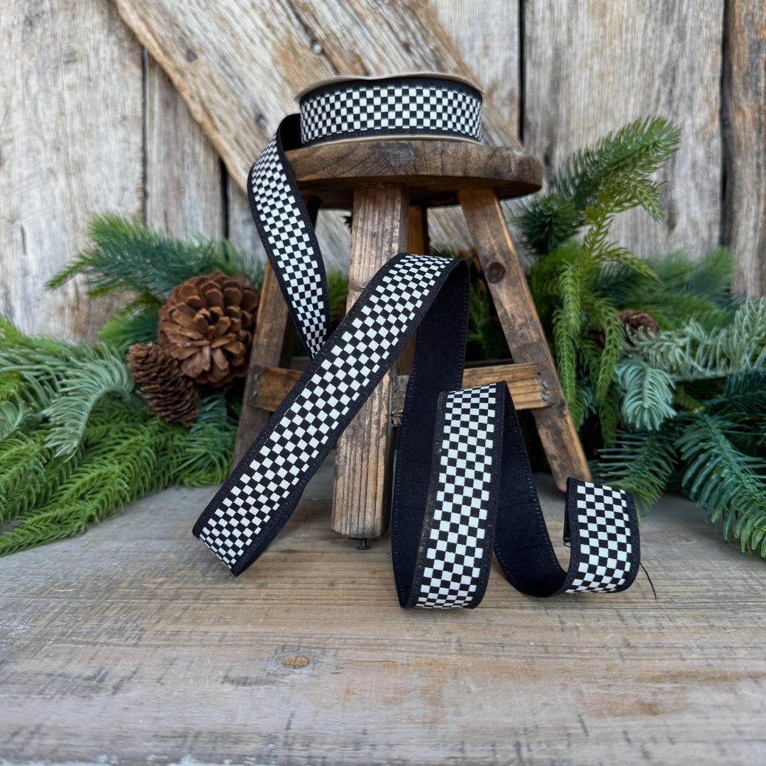 1" Black White Check Ribbon