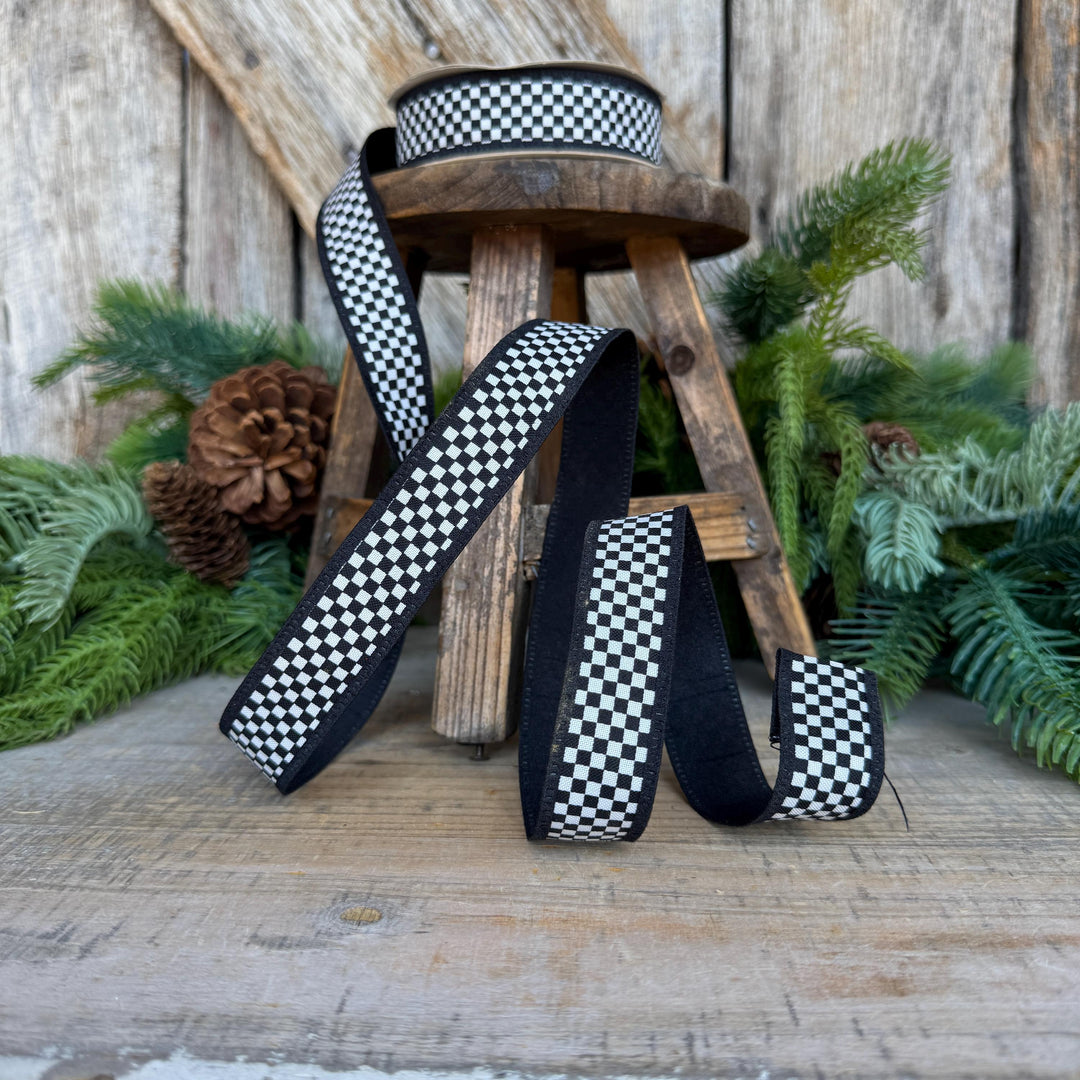 1" Black White Check Ribbon