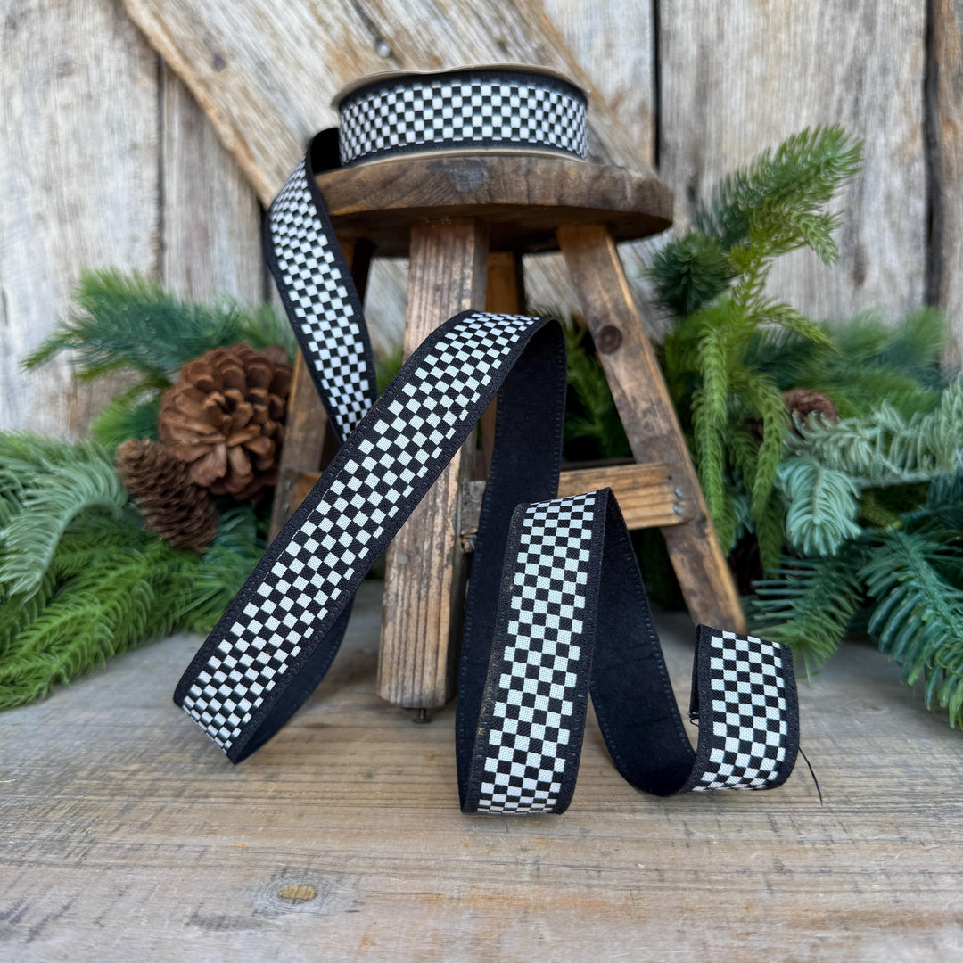 1" Black White Check Ribbon