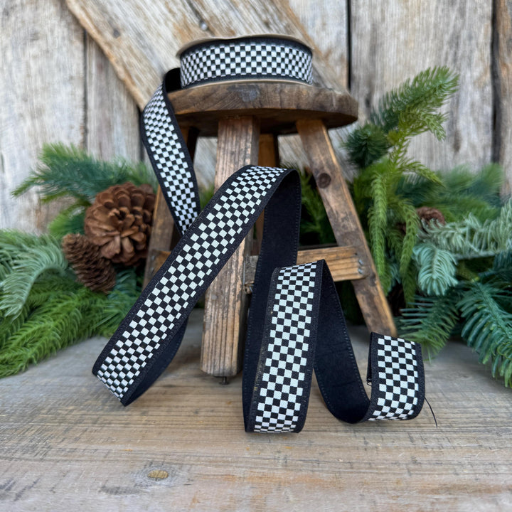 1" Black White Check Ribbon