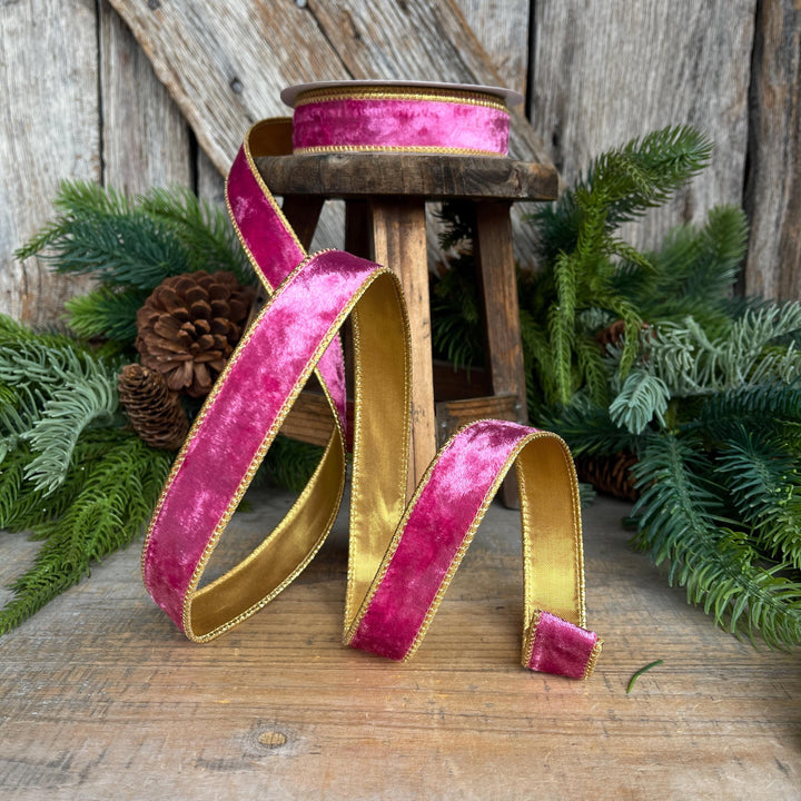 1" Fuchsia Pink Velvet Wired Ribbon with Gold Backing