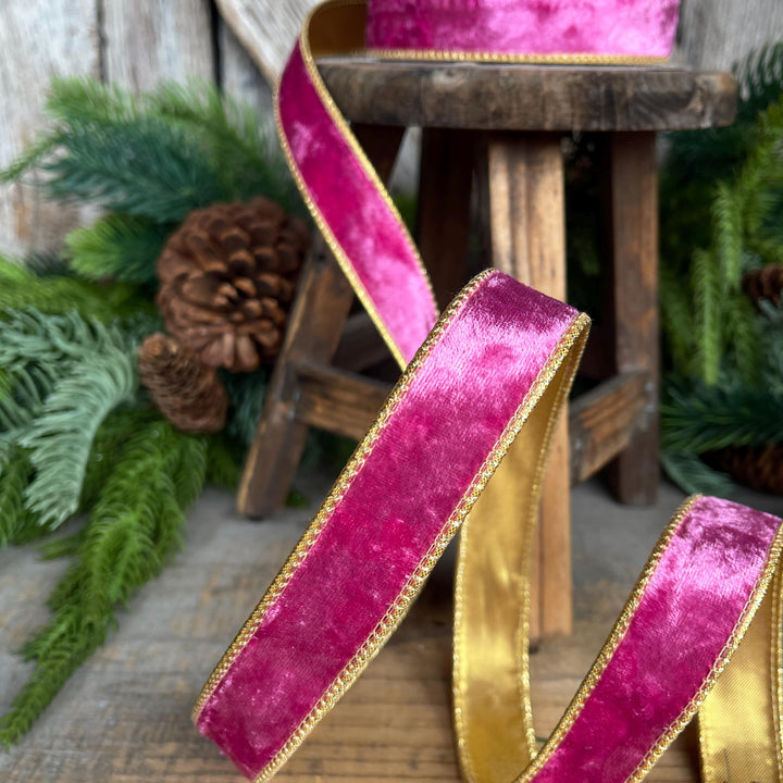 1" Fuchsia Pink Velvet Wired Ribbon with Gold Backing