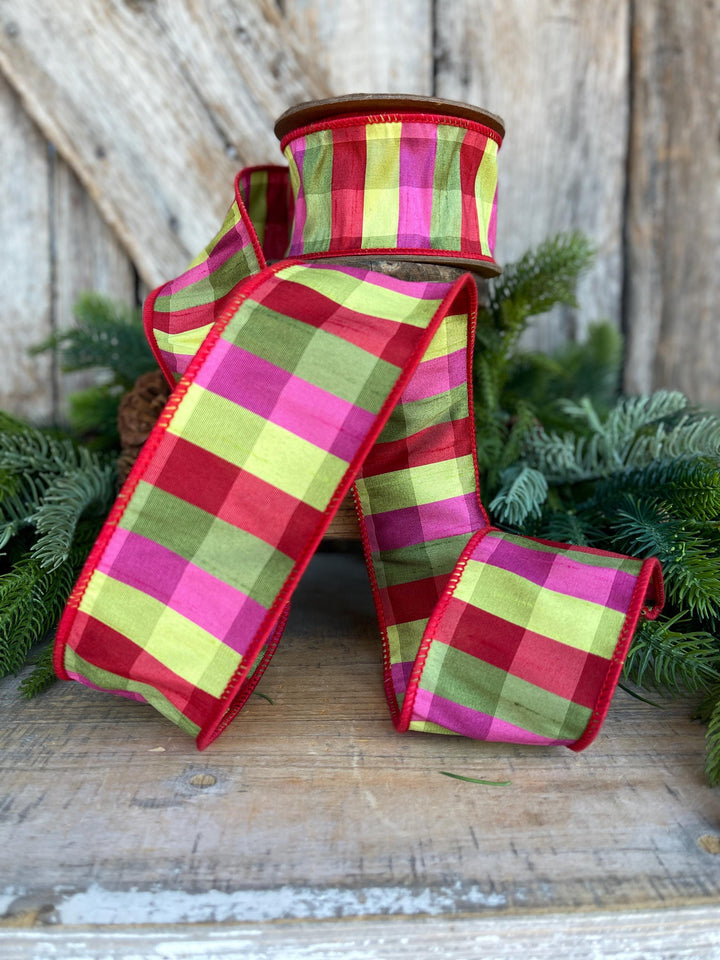 2.5" Fuchsia, Lime Red Plaid Wired Ribbon, Designer Christmas Ribbon for Wreaths, Trees &amp; Bows