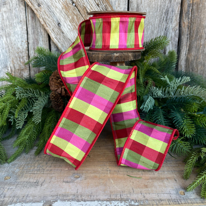 2.5" Fuchsia, Lime Red Plaid Wired Ribbon, Designer Christmas Ribbon for Wreaths, Trees &amp; Bows