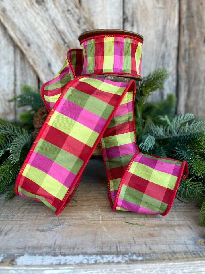 2.5" Fuchsia, Lime Red Plaid Wired Ribbon, Designer Christmas Ribbon for Wreaths, Trees &amp; Bows