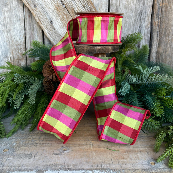 2.5" Fuchsia, Lime Red Plaid Wired Ribbon, Designer Christmas Ribbon for Wreaths, Trees &amp; Bows