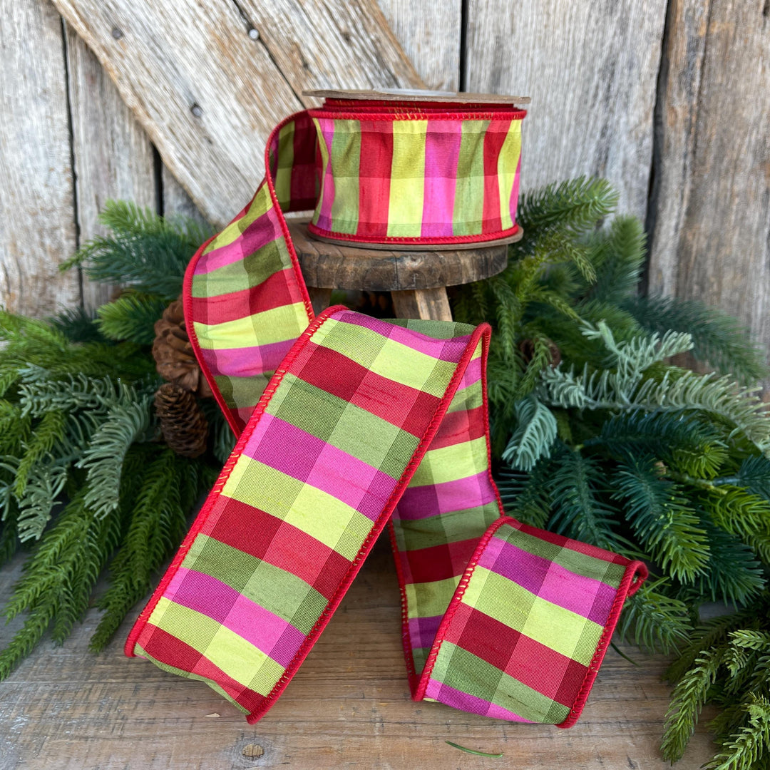 2.5" Fuchsia, Lime Red Plaid Wired Ribbon, Designer Christmas Ribbon for Wreaths, Trees &amp; Bows