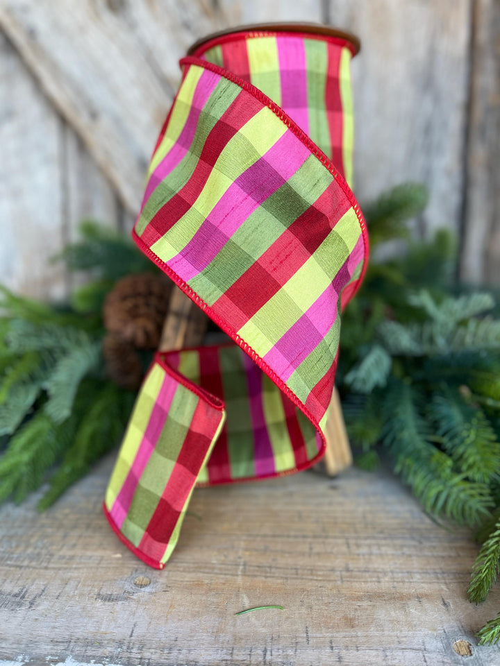 4" Fuchsia, Lime Red Plaid Wired Ribbon, Designer Christmas Ribbon for Wreaths, Trees &amp; Bows