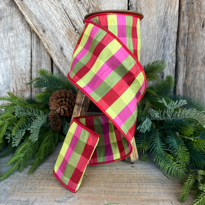 4" Fuchsia, Lime Red Plaid Wired Ribbon, Designer Christmas Ribbon for Wreaths, Trees &amp; Bows