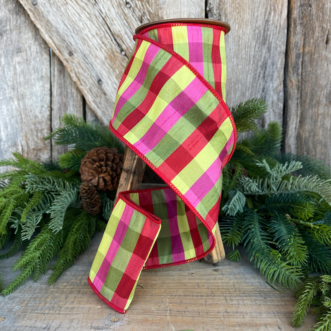 4" Fuchsia, Lime Red Plaid Wired Ribbon, Designer Christmas Ribbon for Wreaths, Trees &amp; Bows