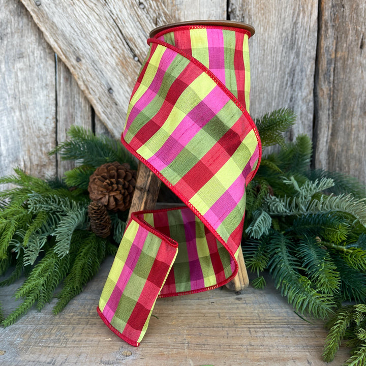 4" Fuchsia, Lime Red Plaid Wired Ribbon, Designer Christmas Ribbon for Wreaths, Trees &amp; Bows