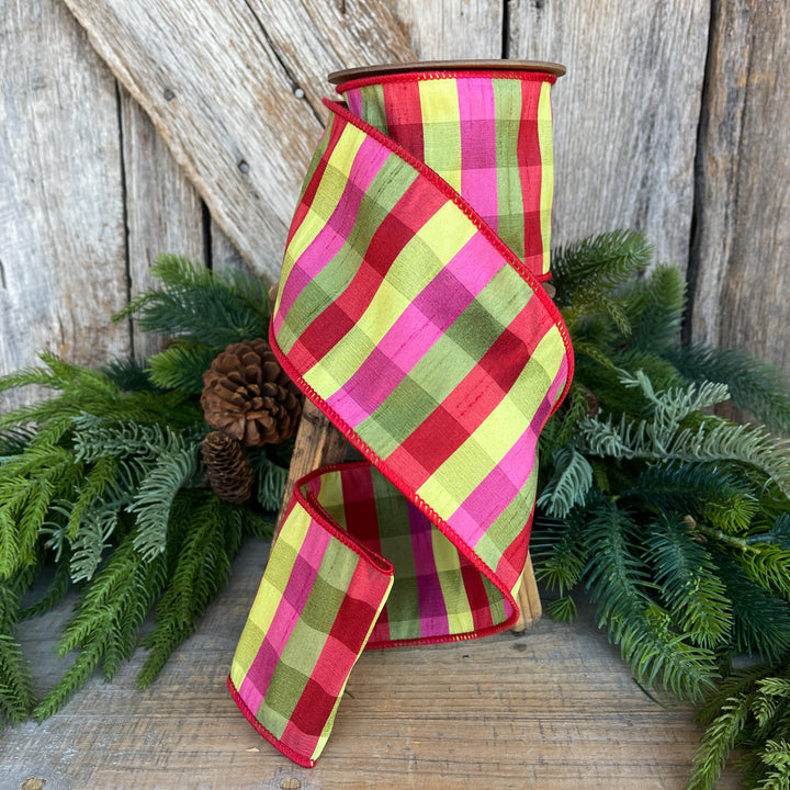 4" Fuchsia, Lime Red Plaid Wired Ribbon, Designer Christmas Ribbon for Wreaths, Trees &amp; Bows