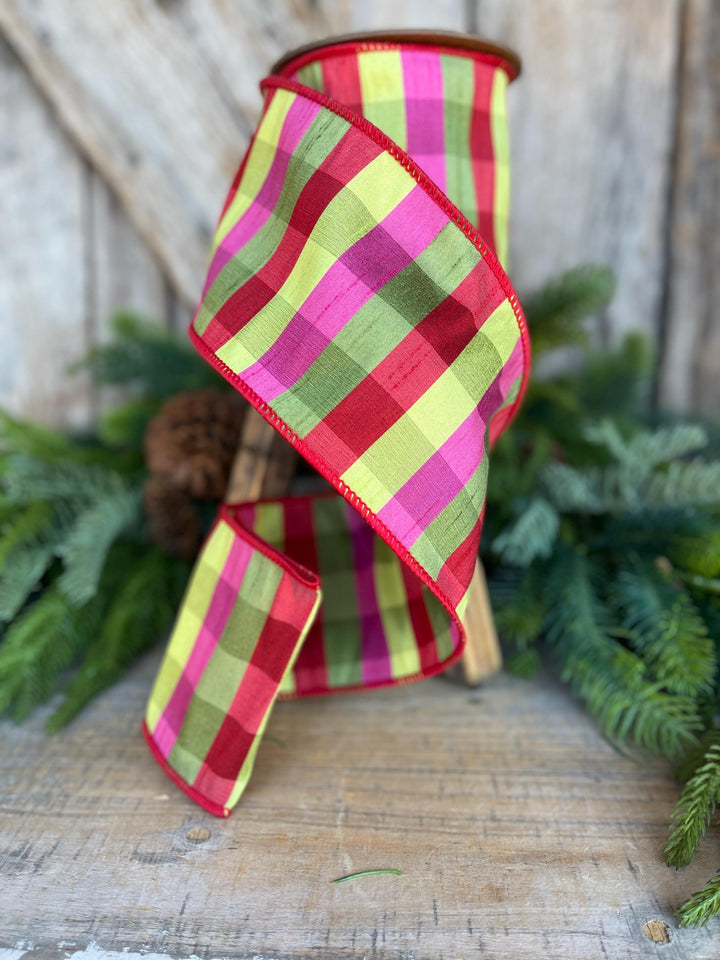 4" Fuchsia, Lime Red Plaid Wired Ribbon, Designer Christmas Ribbon for Wreaths, Trees &amp; Bows