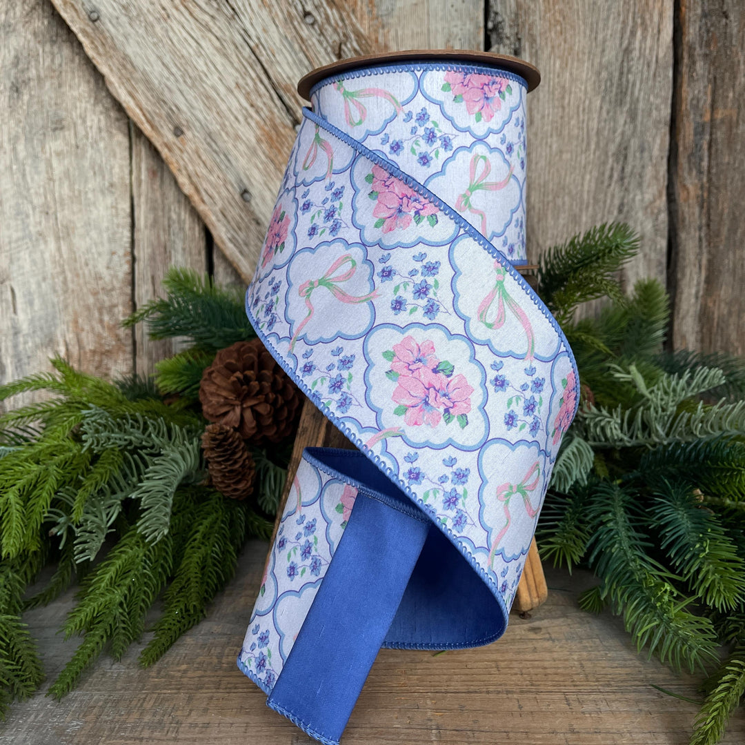 4" Blue Floral and Bows Ribbon