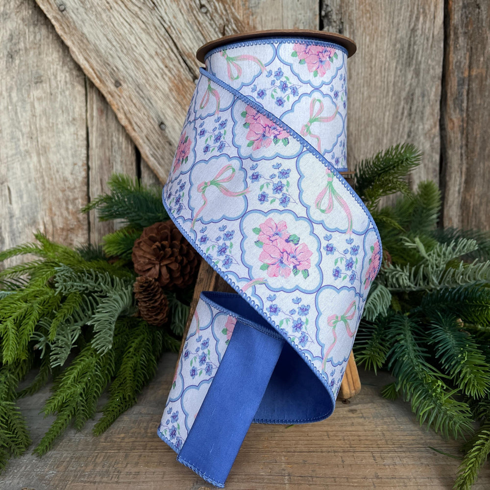 4" Blue Floral and Bows Ribbon