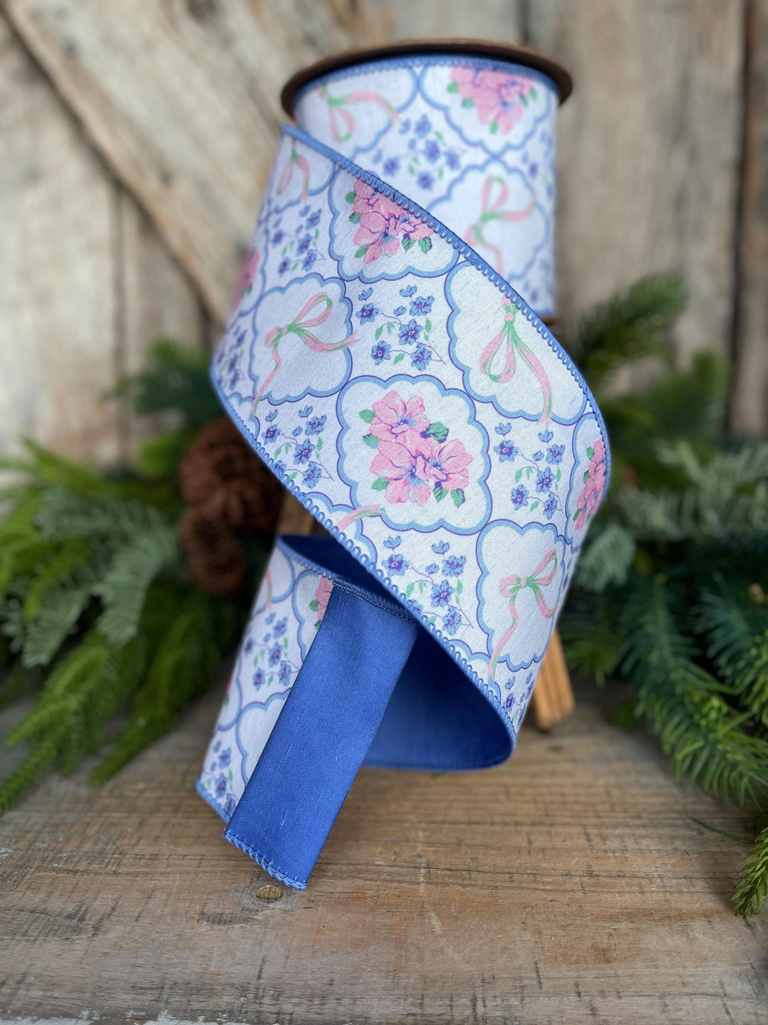 4" Blue Floral and Bows Ribbon