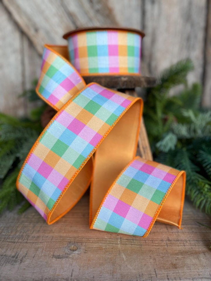 2.5" Bright Multi Check Plaid Wired Ribbon – Colorful Designer Spring Ribbon for Wreaths &amp; Bows