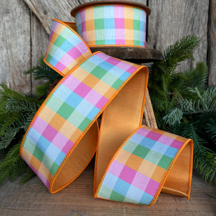 2.5" Bright Multi Check Plaid Wired Ribbon – Colorful Designer Spring Ribbon for Wreaths &amp; Bows