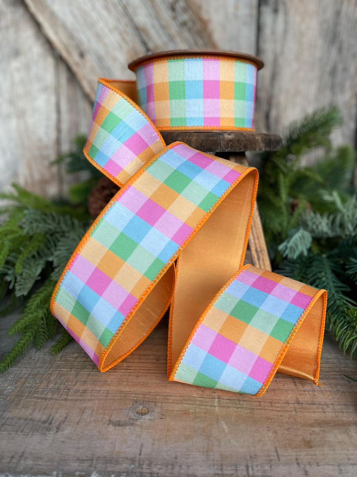2.5" Bright Multi Check Plaid Wired Ribbon – Colorful Designer Spring Ribbon for Wreaths &amp; Bows