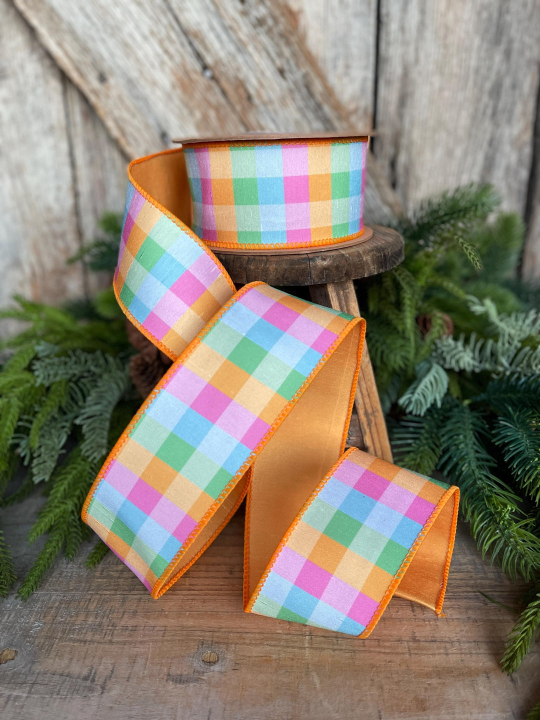 2.5" Bright Multi Check Plaid Wired Ribbon – Colorful Designer Spring Ribbon for Wreaths &amp; Bows
