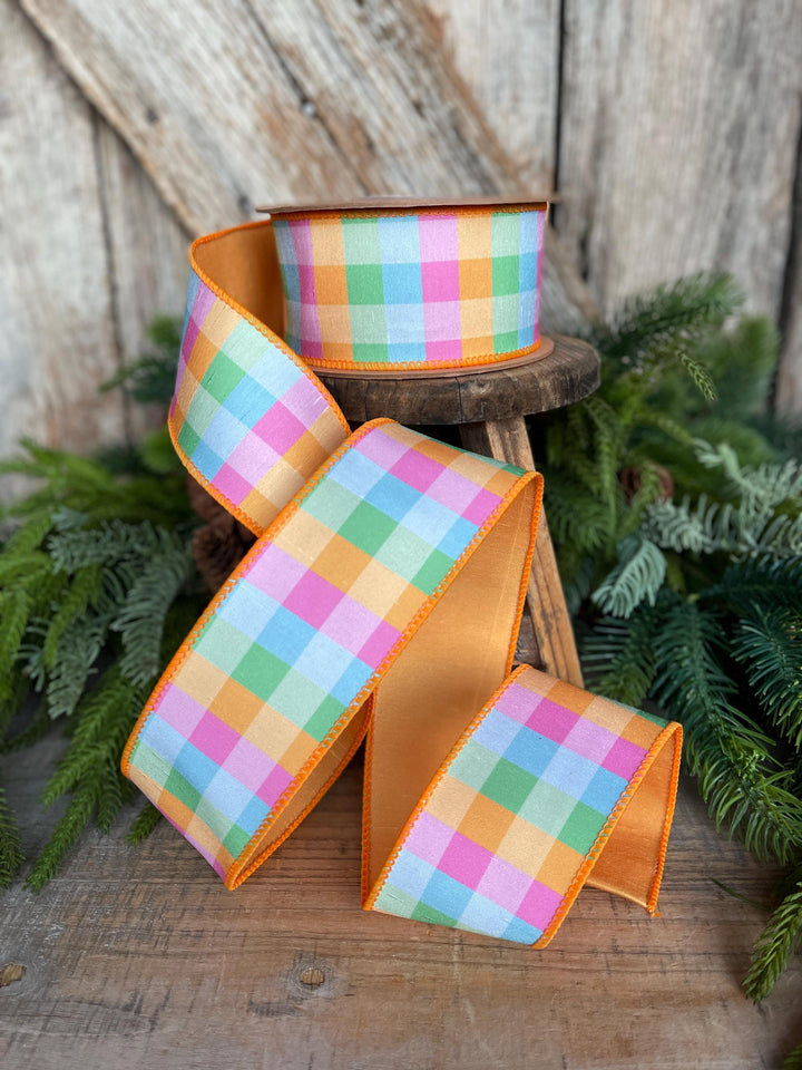 2.5" Bright Multi Check Plaid Wired Ribbon – Colorful Designer Spring Ribbon for Wreaths &amp; Bows