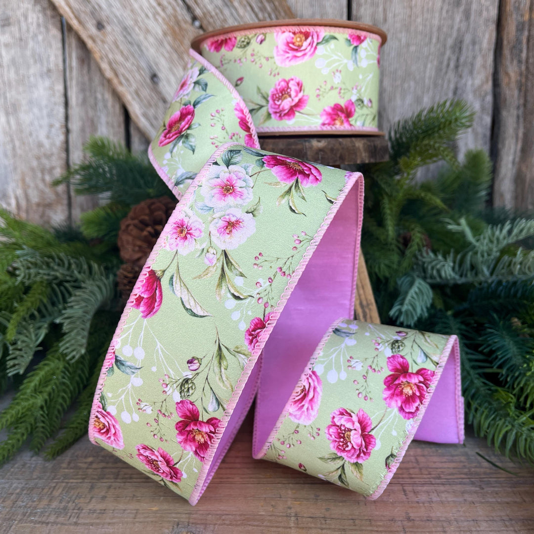 2.5" Green Pink Floral Ribbon, Spring Summer Ribbon