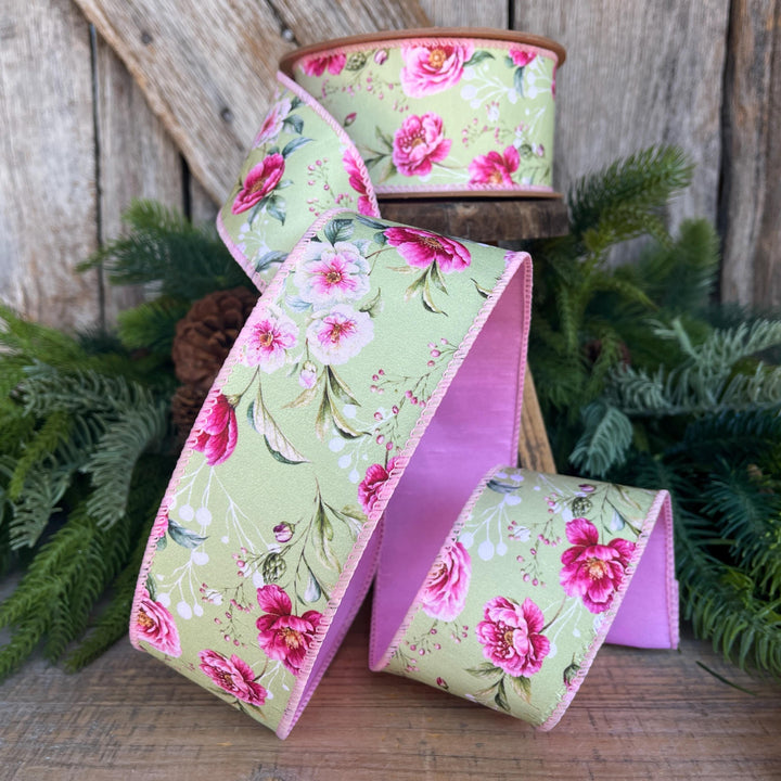 2.5" Green Pink Floral Ribbon, Spring Summer Ribbon