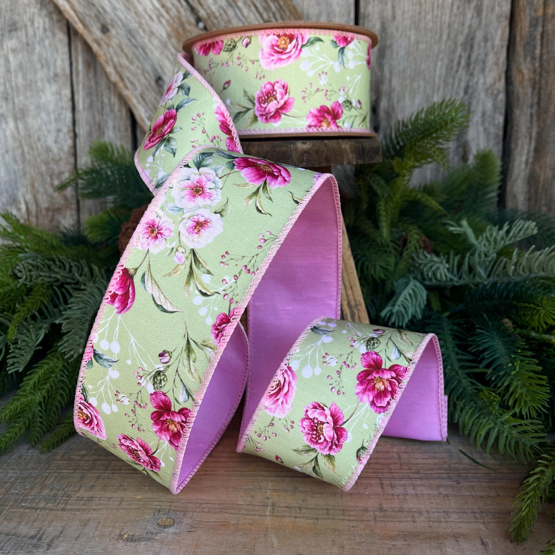 2.5" Green Pink Floral Ribbon, Spring Summer Ribbon