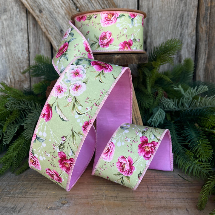 2.5" Green Pink Floral Ribbon, Spring Summer Ribbon