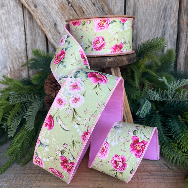2.5" Green Pink Floral Ribbon, Spring Summer Ribbon
