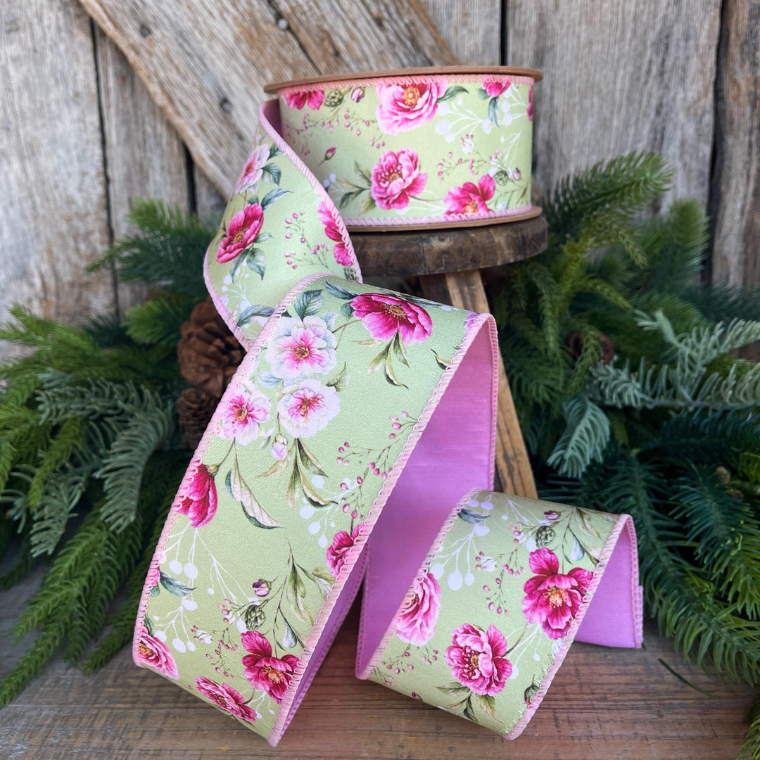 2.5" Green Pink Floral Ribbon, Spring Summer Ribbon