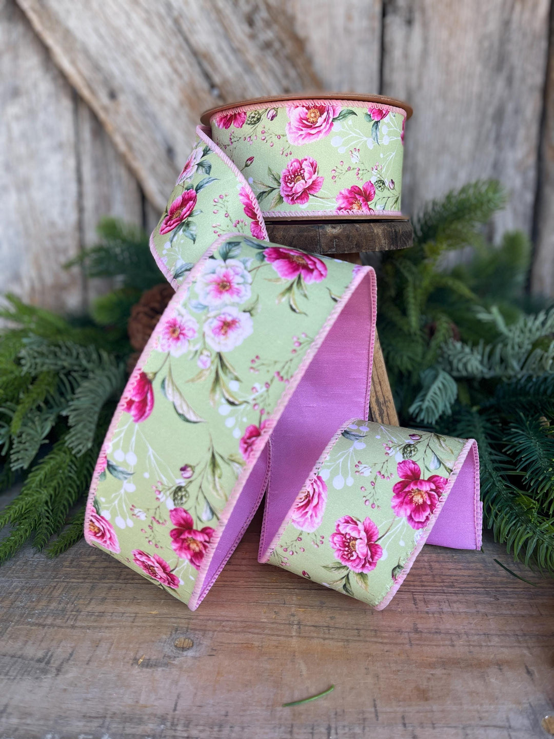 2.5" Green Pink Floral Ribbon, Spring Summer Ribbon
