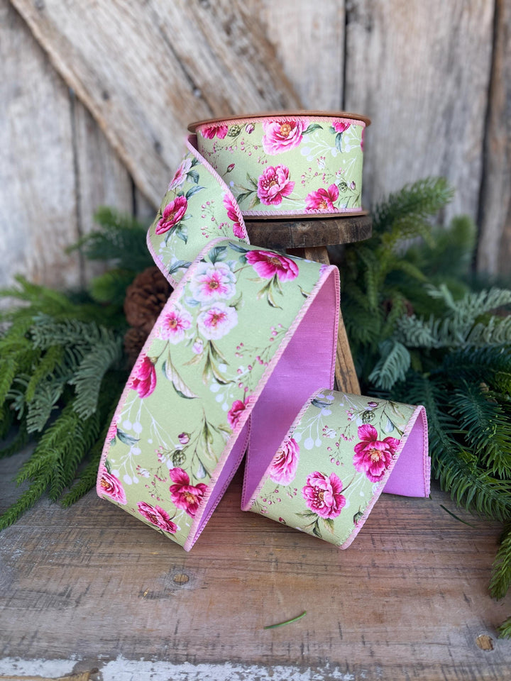 2.5" Green Pink Floral Ribbon, Spring Summer Ribbon