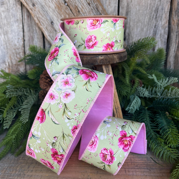 2.5" Green Pink Floral Ribbon, Spring Summer Ribbon