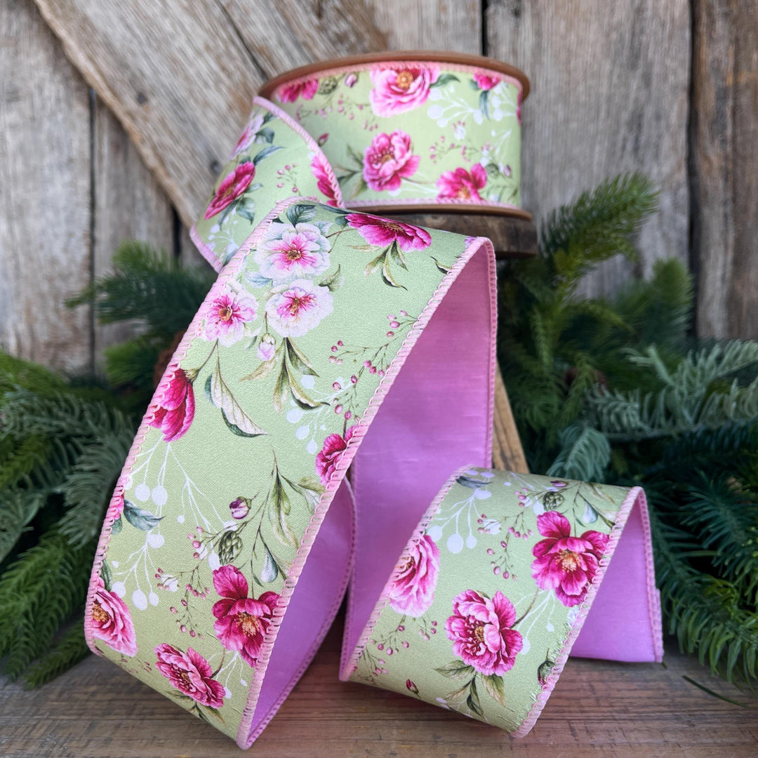 2.5" Green Pink Floral Ribbon, Spring Summer Ribbon