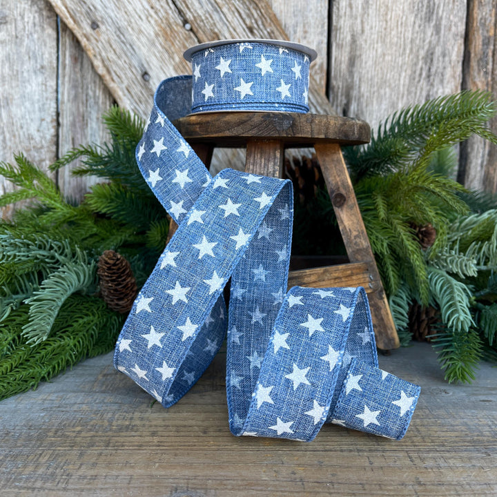 1.5" Patriotic Ribbon, Wired Ribbon, Star Ribbon, Denim Blue Ribbon, 4th of July Ribbon,