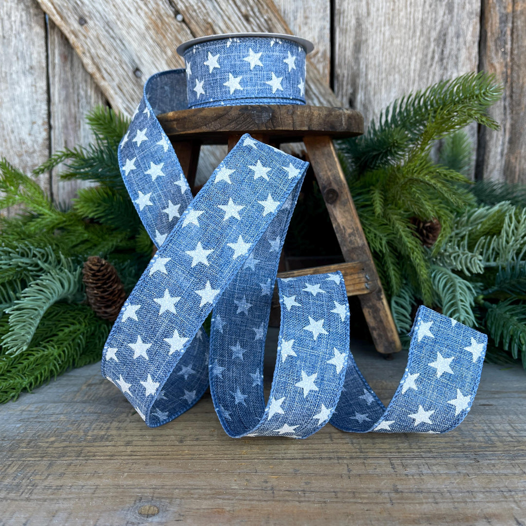 1.5" Patriotic Ribbon, Wired Ribbon, Star Ribbon, Denim Blue Ribbon, 4th of July Ribbon,