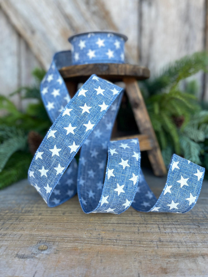 1.5" Patriotic Ribbon, Wired Ribbon, Star Ribbon, Denim Blue Ribbon, 4th of July Ribbon,