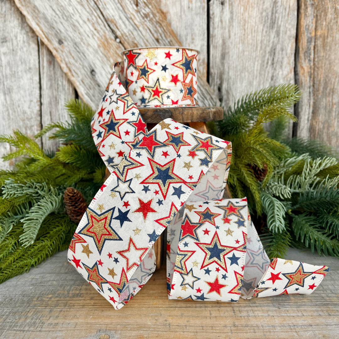 2.5" Patriotic Ribbon, Wired Ribbon, Stars Ribbon, Americana Ribbon, USA Ribbon, 4th of July RIbbon, Ribbon for bows, Wreath supply