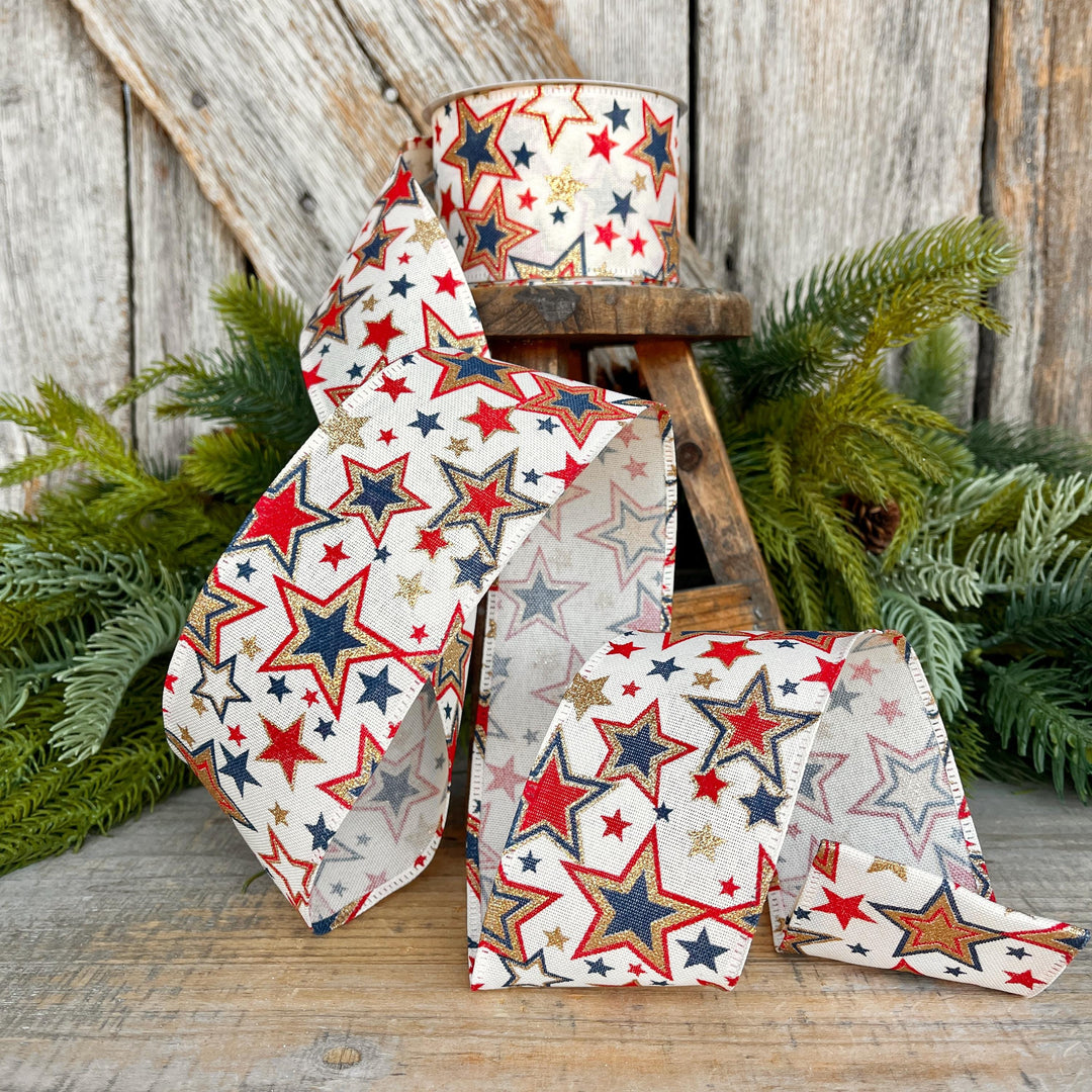 2.5" Patriotic Ribbon, Wired Ribbon, Stars Ribbon, Americana Ribbon, USA Ribbon, 4th of July RIbbon, Ribbon for bows, Wreath supply